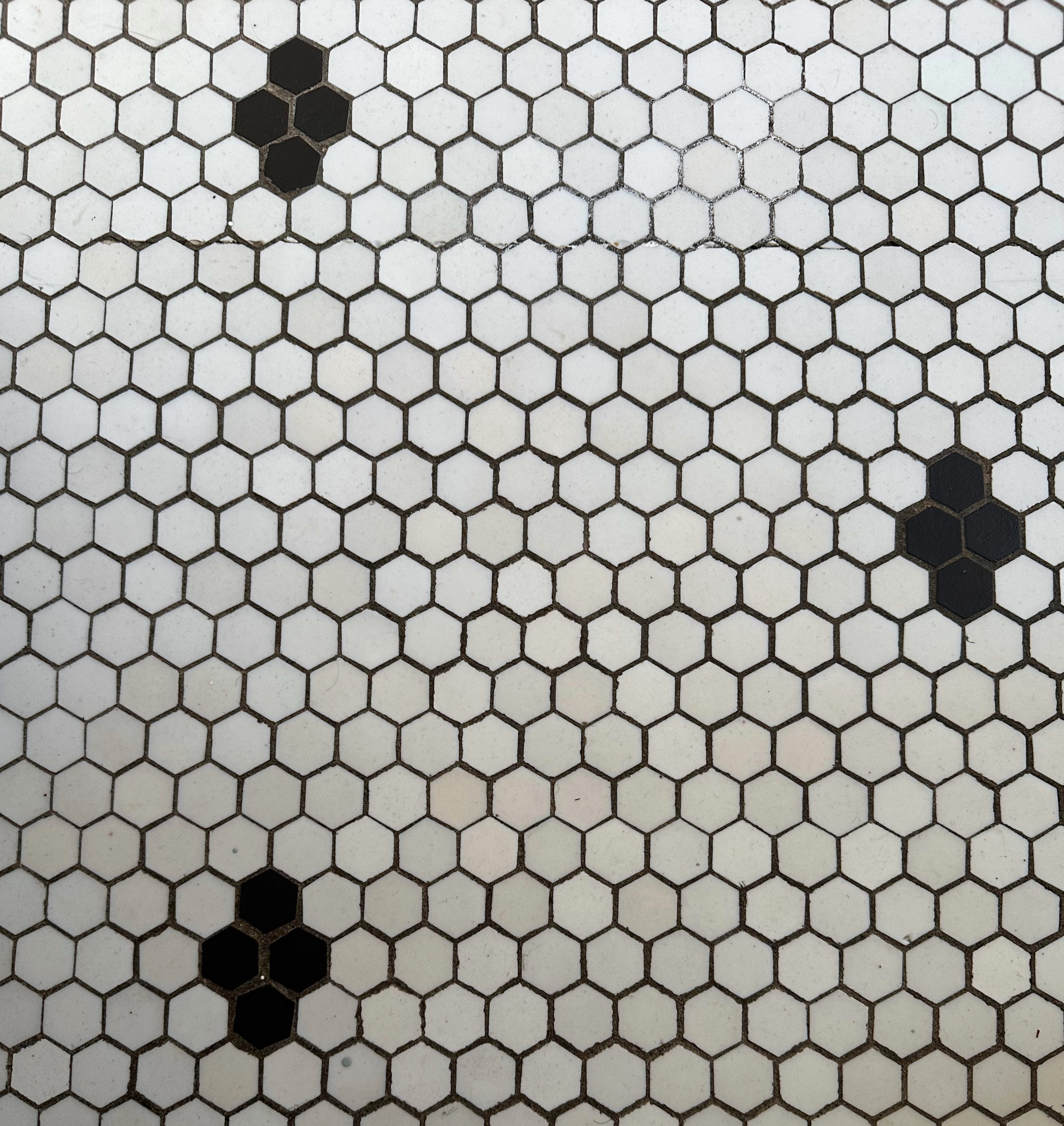 Close up view of hexagonal black and white tile. Small clusters of four black tiles are regularly spaced. Three are visible. Tiles show age and slight irregularities in colour.